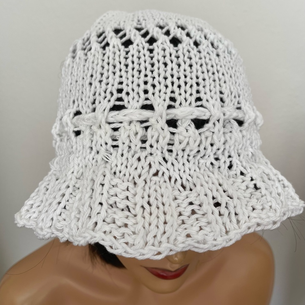 Hand Knits 2 Love White Cotton Brim Hat Cap Lace Pearls White Designer Lace Chic - Picture 2 of 9